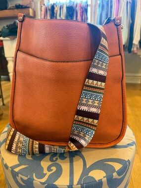 Women's Burnt Orange Crossbody Bag with Patterned Adjustable Strap